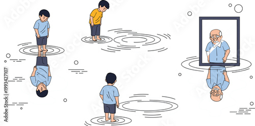 Conceptual Vector Set of a Young Boy Looking into Water Ripples with Reflections and an Elderly Man Mirroring Aging and Life Cycle ThemesConceptual 