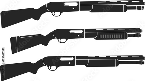 Collection of shotgun silhouettes with detailed parts representing hunting and tactical weapons
