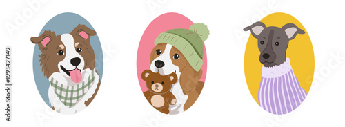 Dogs in a decorative frame on a white background, animal portrait.
