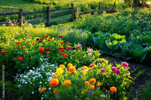 Colors of Flowers and Greenery Near a Wooden Fence at Sunset in a Rural Setting