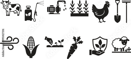 Black and white of business, finance, technology, and nature symbols