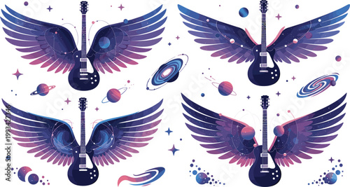 Cosmic Electric Guitar Vector Set Featuring Purple Galaxy Wings and Celestial Planets for Music Festival, Rock Concert, and Space Fantasy DesignsCosmic 