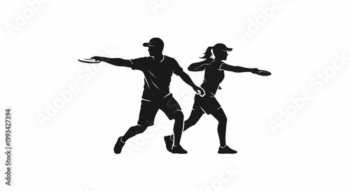 Silhouettes of a man and woman playing disc golf, mid-throw