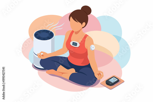 Woman Meditating with Biohacking Technology and Air Purifier