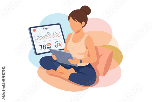 Woman Monitoring Heart Rate Variability HRV with Tablet and Wearable