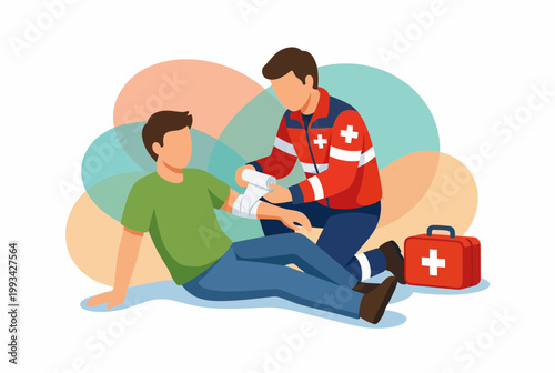 Paramedic providing first aid to injured man on ground vector