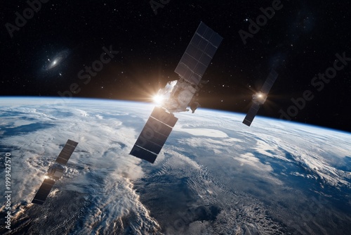 Satellites Orbiting Earth in Space With Sunlight Reflecting on Their Surfaces...