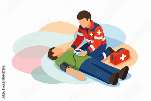 Paramedic performing emergency medical aid to unconscious man