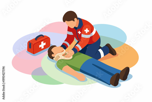 Paramedic Providing Emergency First Aid to Injured Person with Neck Collar
