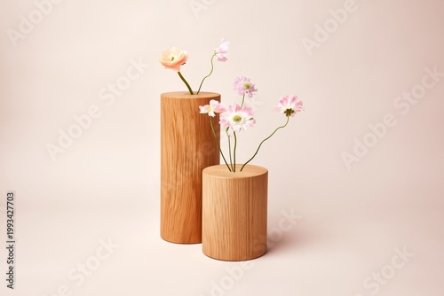 Two Vases With Flowers on Wooden Tables in a Bright Indoor Space