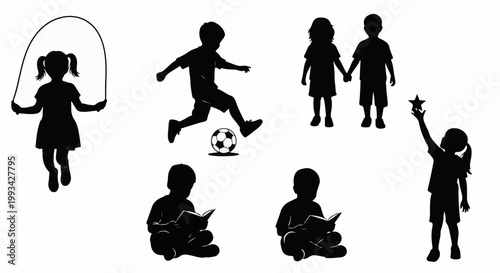 Silhouettes of children engaged in various activities jumping rope, playing soccer, holding hands, reading, and reaching for a star