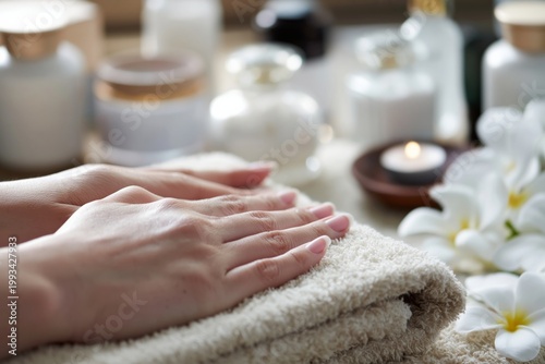 Hands Resting on a Towel With Candles and Flowers in a Spa Setting