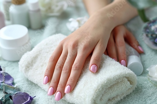 Hands Resting on a Towel With Candles and Flowers in a Spa Setting