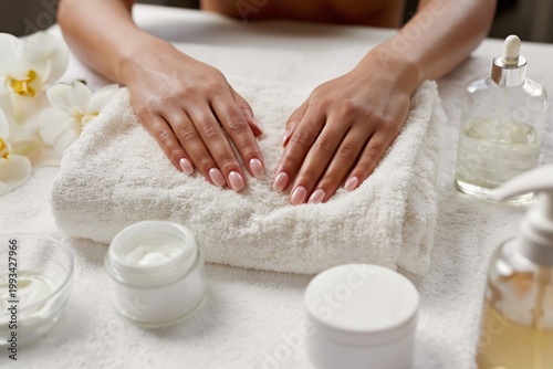 Hands Resting on a White Towel With Skincare Products and Flowers on the Tabl...