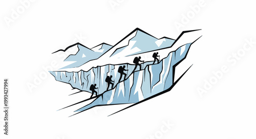 Silhouettes of climbers ascend a steep icy mountain face under a jagged snowy peak