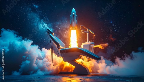 ロケットと宇宙へ飛び立つ歯医者の治療椅子のシュールな風景