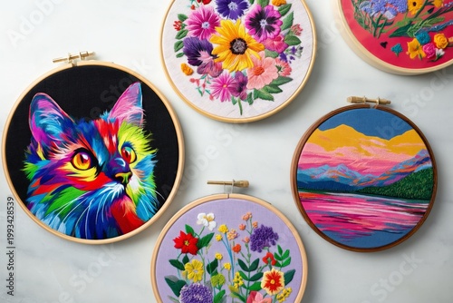 Colorful Embroidery Artworks Featuring a Cat and Floral Designs Displayed on ...