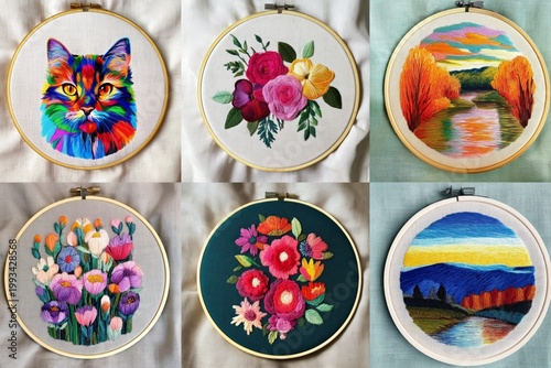 Colorful Embroidery Art Displays Various Patterns and Designs on Fabric Hoops