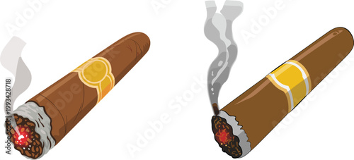 Smoking cigar closeup showing glowing ember ash texture and rising smoke details