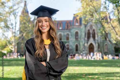 Graduation Ceremony at a University With a Student in Cap and Gown Standing o...