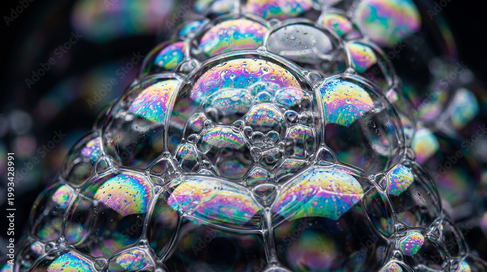Fototapeta premium Kaleidoscopic beauty in a cluster of delicate soap bubbles revealing vibrant spectral reflections