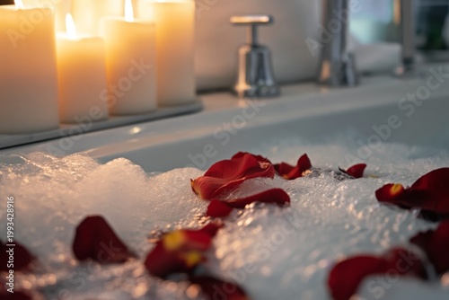 Relaxing Bath Scene With Candles and Rose Petals Floating on Bubbles in an In...