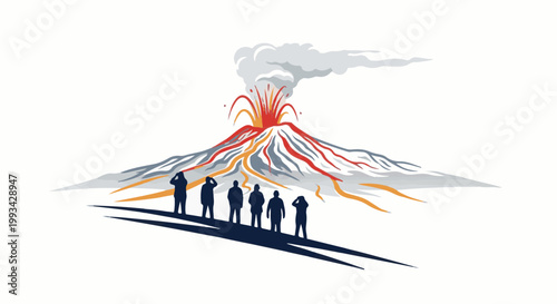 Silhouettes of people observe a vibrant erupting volcano with smoke and lava flows