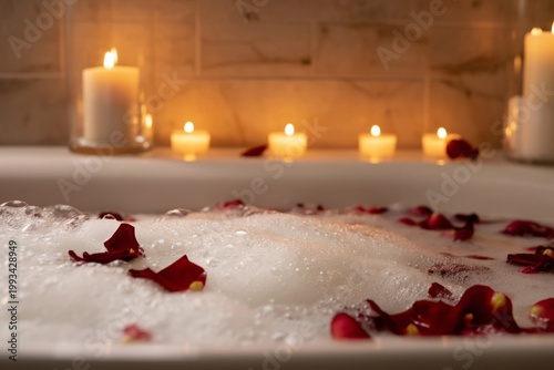 Relaxing Bath With Candles and Rose Petals in a Home Bathroom During Evening ...
