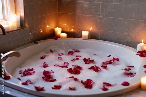Relaxing Bath With Candles and Rose Petals in a Home Bathroom During Evening ...