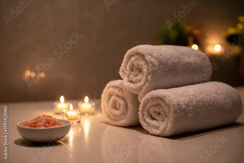 Towels and Salt Sit on a Table With Candles Lit in a Spa Setting at Night