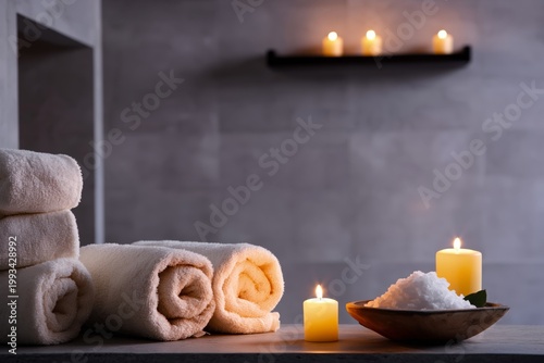 Relaxing Spa Setting With Towels, Candles, and Salt in a Calm Room at Twilight