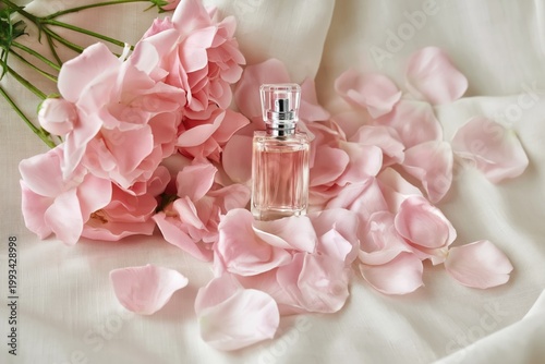 Pink Rose Petals Surround a Glass Perfume Bottle on a White Cloth in a Bright...