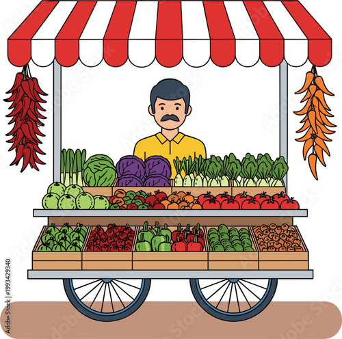 Vegetable Cart with Fresh Produce and Vendor, Market Stall Vector Illustration for Farming, Local Produce, and Street Market Designs