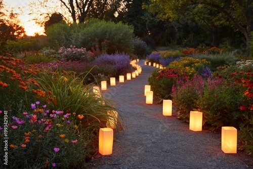 Colorful Garden Pathway With Lanterns at Sunset in a Botanical Park