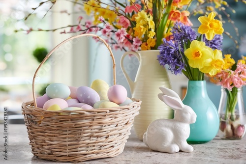 Colorful Easter Eggs in Basket With Flowers and Bunny on Kitchen Table