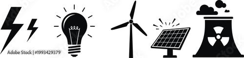 Ecology sustainability icon set renewable energy sources silhouette collection