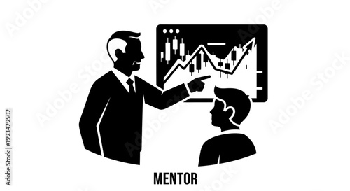 Businessman guiding another man with graph.