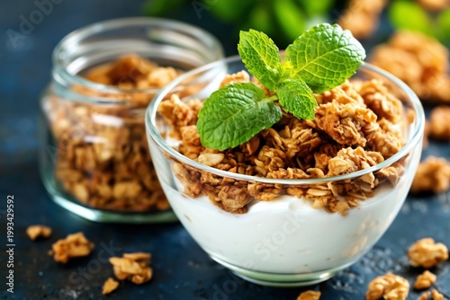 Yogurt Topped With Granola in a Bowl Next to a Jar of Granola on a Table