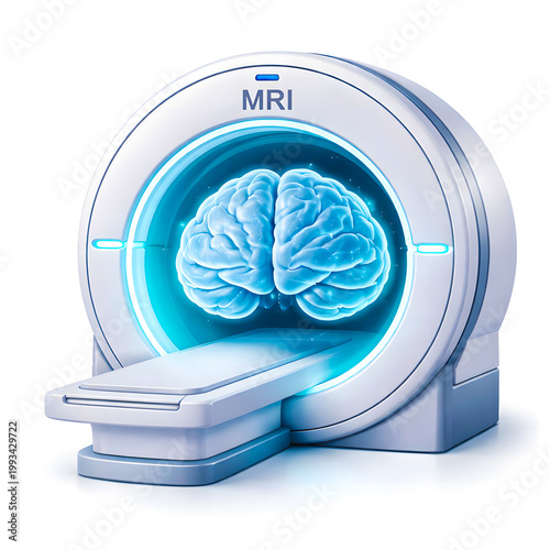 Advanced MRI scanner system with blue glowing human brain scan for futuristic medical neurology diagnostic