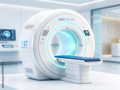 Modern 3T MRI Scanner Machine In Bright Clinical Hospital Room For Advanced Medical Diagnostic Imaging