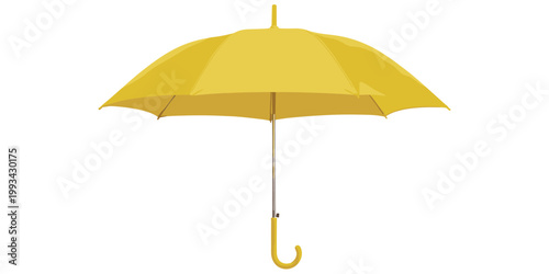 Bright yellow umbrella open canopy design, curved handle rain protection accessory, everyday object for weather safety concept, flat vector illustration
