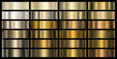 Set of gold and platinum metallic gradients on a black background. The texture of metal, foil, shiny background. Vector EPS 10.