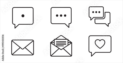 Chat and email icons, communication symbols, messaging signs, black line illustrations