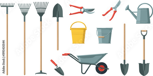 Gardening Tools Icon Set with Rake, Shovel, Wheelbarrow, Pruners, Watering Can, Buckets, and Garden Equipment in Flat Vector Illustration Style