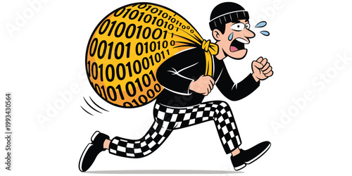 Cartoon burglar running with binary data sack, cybercrime hacker stealing information, digital theft security breach concept artwork, flat vector illustration