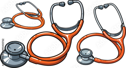 Orange medical stethoscope vector set, professional healthcare diagnostic equipment, cartoon style medical tools for nursing and doctor clinics