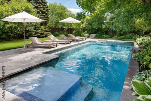 Sunny Afternoon at a Backyard Pool With Lounge Chairs and Umbrellas in the Ga...