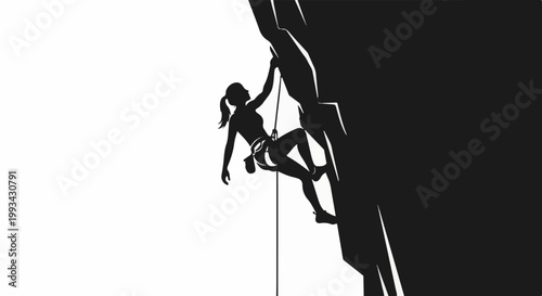 Silhouette of a woman rock climbing up a steep cliff face