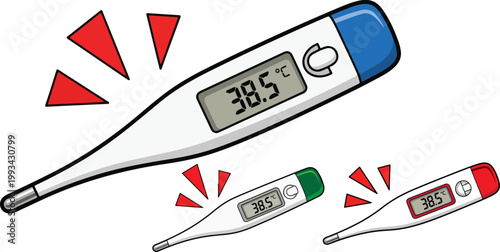 Digital medical thermometer vector set, electronic body temperature device showing high fever 38.5 degrees, clinical healthcare equipment illustration