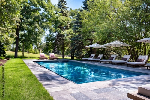Relaxing by the Pool in a Backyard With Shade From Umbrellas and Green Trees ...